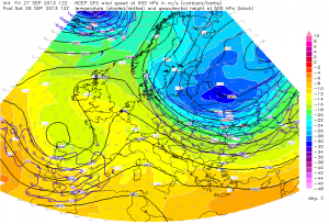 Spodziewana bardzo niska temperatura na wysokości 500 hPa (sobota, godzina 12:00 UTC - GFS, ESTOFEX)