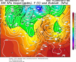 Prognozowany silny wyż (czwartek, godziny ranne - model GFS)