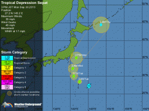 Prognozowana siła i trasa depresji tropikalnej "Sepat" z dnia 30.09.13, godz. 08:00 czasu polskiego (źródło: Wunderground)