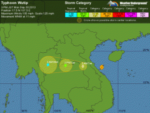 Prognozowana siła i trasa tajfunu "Wutip" z dnia 30.09.2013, godz. 08:00 czasu polskiego (źródło: Wunderground)