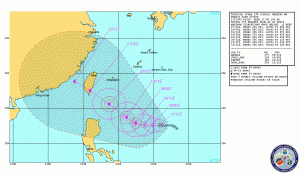 Prognozowana trasa burzy tropikalnej Usagi z dnia 17.09.2013, godz. 12:00 UTC (źródło: JTWC)