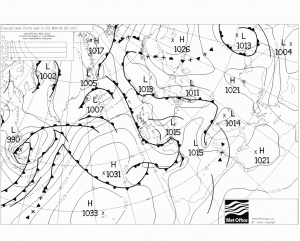 Prognozowane umiejscowienie pofalowanego frontu atmosferycznego (godzina 12:00 UTC, Bracknell)