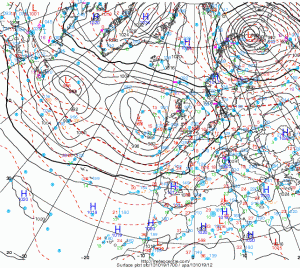 Równoleżnikowa bruzda niżowa nad Atlantykiem (meteocentre)