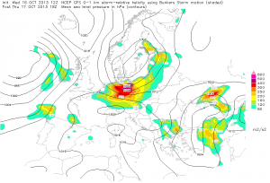 Prognozowany silny uskok kierunkowy wiatru (godz. 18:00 UTC, model GFS)