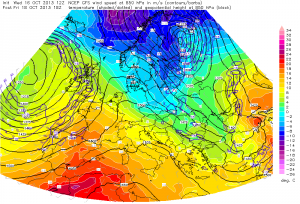 Adwekcja chłodnej masy powietrza na wysokości izobarycznej 850 hPa (GFS, ESTOFEX)