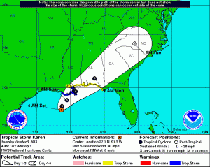 Prognozowana trasa burzy tropikalnej "Karen" (źródło: NOAA)