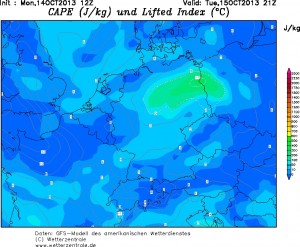 Prognozowana niewielka chwiejność na godziny nocne (model GFS)