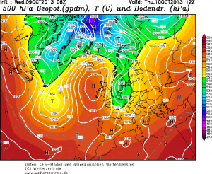 Prognoza mocno skierowanej na południe długiej fali górnej (sobota, godz. 12:00 UTC - GFS)