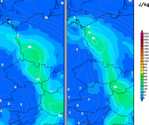 Prognozowana niewielka chwiejność z uniesienia na godz. 21 i 00 UTC (GFS, wetterzentrale)