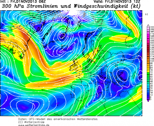 Obecne rozlokowanie ośrodków barycznych sprzyja występowaniu cyrkulacji strefowej z doskonale znaznaczoną strefą prądu strumieniowego (GFS, wetterzentrale)