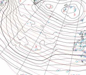 Obecne umiejscowienie niżu, który przyniesie silną wichurę (meteocentre)