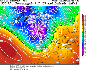 Potężny układ niżowy na mapach bezwzględnej topografii barycznej poziomu 500 hPa - wtorek, godzina 18:00 UTC (GFS)