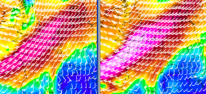Spodziewana bardzo duża siła przepływu poziomego powietrza na wys. 925 i 850 hPa - wtorek, godzina 00:00 UTC. W kolejnych godzinach strefa gwałtownego wiatru przesunie się bardziej na północny - wschód (GFS, wetterzentrale)