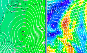 Prognozowany układ niżowy wraz ze spodziewaną prędkością wiatru na wysokości izobarycznej 850 hPa (GFS, godzina 12:00 UTC)