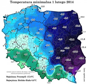Temperatura minimalna w nocy z 31.01 na 1.02.2014 r. (Autor: Jarosław Lewandowski)