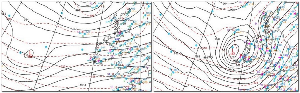 Położenie oraz głębokość układu niskiego ciśnienia "Tini" - po lewej z dn. 11.02.2014 godz. 23:00, po prawej z dn. 12.02.2014, godz. 10:00 czasu środkowoeuropejskiego. (źródło: UQAM Weather Centre)