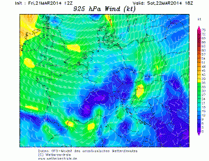 Znakomicie zaznaczona zbieżność wiatru na poziomie 925 hPa (GFS)