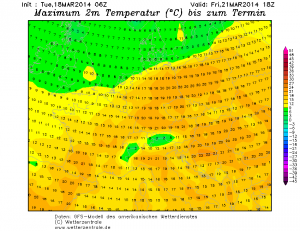 Wstępna prognoza temperatury maksymalnej na piątek. Jej wartości miejscami mogą być jeszcze wyższe, zwłaszcza na południu, gdzie będzie oddziaływać wiatr halny (GFS)