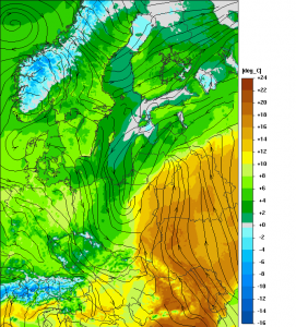 Spodziewane duży gradient poziomy temperatury na godzinę 12 UTC (UMPL)