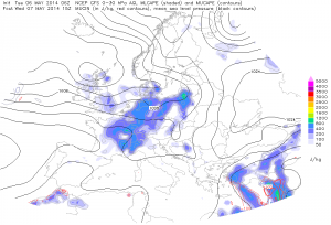 Wstąpna prognoza rozkładu chwiejności termodynamicznej - godzina 15:00 UTC (GFS)