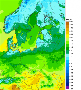 Aktualna prognoza temperatury powietrza na poziomie 2 metrów na noc z 2 na 3 maja. (Źródło: UMPL)