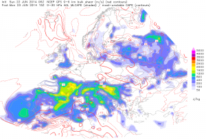 Pokrycie niewielkiej chwiejności termodynamicznej z silnym uskokiem prędkościowym wiatru (GFS, ESTOFEX)