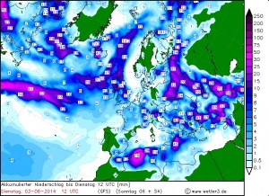 Prognoza zakumulowanej sumy opadowej na najbliższe 54 godziny (źródło: Wetter3.de, model: GFS)