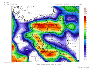 Wstępna prognoza niestabilności troposfery na podstawie parametru KI, biorącego pod uwagę zawartość wilgoci w dolnej i częściowo środkowej troposferze (do poziomu 700 hPa) oraz gradient pionowy temperatury w warstwie 850-500 hPa (GFS)