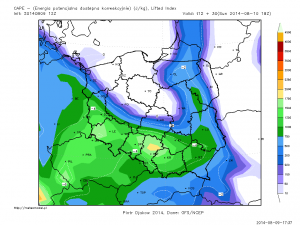 Prognozowana energia SBCAPE na późniejsze popołudnie (model GFS)