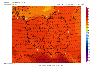 Temperatura na wysokości 2 metrów, 4.09.2014 godz.14 // źródło: meteomodel.pl