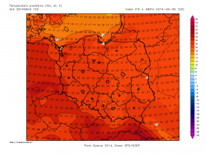 Temperatura na wysokości 2 metrów, 5.09.2014, godz.14 // źródło: meteomodel.pl