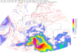 Energia CAPE prognozowana na wtorek (prognoza modelu GFS, źródło: estofex.org)