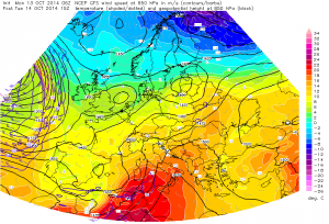 Cieplejsze powietrze   będzie we wtorek wypychane z Polski w kierunku wschodnim  przez chłodny front atmosferyczny (model GFS, źródło: estofex.org)