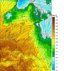 Prognoza temperatury powietrza przez model UMPL. Niewykluczone, że na południu miejscami będzie jeszcze nieco cieplej, uwzględniając silne nasłonecznienie oraz wiatr z kierunków południowych