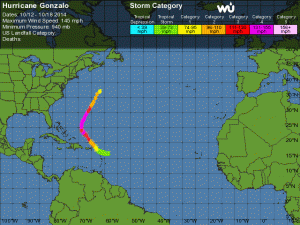 Dotychczasowa trajektoria silnego huraganu "Gonzalo", który obecnie ma 1. kategorię (wunderground)