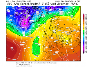 Prognozowany dynamiczny ośrodek niżowy na południowym - wschodzie Europy (GFS)