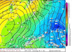 Prognoza bardzo niskiej temperatury powietrza na wysokości izobarycznej 850 hPa (GFS)