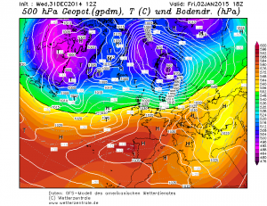 Prognoza rozkładu ciśnienia atm. nad Europą na dzień 02.01.2015, godz. 12:00 UTC (źródło: wetterzentrale.de)