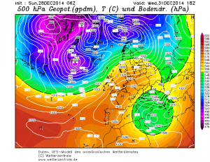 Prognoza rozkładu ośrodków barycznych na środę, godzinę 18:00 UTC (GFS)