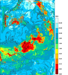 Prognoza widzialności wg modelu UMPL na 01.01.2015, godz. 00:00 UTC (01:00 CET), źródło:  Numeryczna Prognoza Pogody ICM