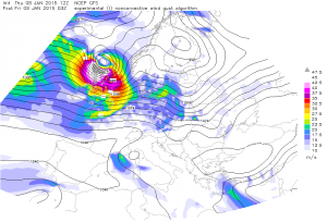"Bomba wiatrowa" wyliczana na nadchodzącą noc dla północnej części Wysp Brytyjskich (GFS-PARA, ESTOFEX)