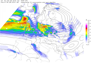 Orientacyjna prognoza możliwych porywów wiatru na jutro, godzinę 18:00 UTC (GFS-PARA, ESTOFEX)