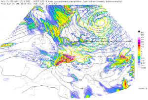 Prognoza sumy opadów na 4 stycznia, godz. 00;00 UTC (model GFS, źródło: estofex.org)