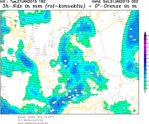 Prognoza modelu GFS: w Polsce Środkowej natężenie opadów w nocy z piątku na sobotę może osiągać 3-4 mm/3h (źródło: wetterzentrale.de)