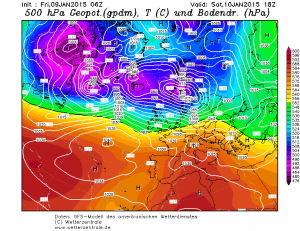 Wciąż niepewne prognozy dotyczące możliwego ulokowania dynamicznego układu niskiego ciśnienia (sobota, godzina 18 UTC, model GFS-PARA)