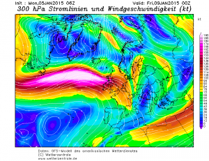 Prognoza niepokojąco aktywnego prądu strumieniowego nad Atlantykiem na piątek, godz. 00:00 UTC (model GFS, źródlo: Wetterzentrale)