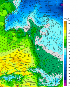 Prognoza temperatury powietrza w oparciu o model UMPL na jutro, godzinę 15 UTC