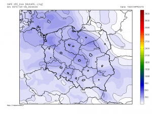 Prognoza GFS na środę, godz. 17:00 CEST - wskaźnik MUCAPE (źródło: meteomodel.pl)