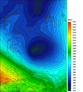 Centrum głębokiego niżu Niklas w nocy z wtorku na środę znajdzie się blisko Wybrzeża (model UMPL, źródło: Numeryczna Prognoza Pogody ICM UW)