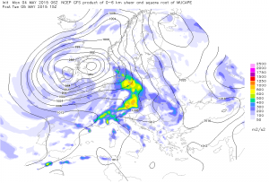 Duże wartości wskaźnika CAPESHEAR zazwyczaj oznaczają znaczne zagrożenie ze strony silnych burz. Prognoza modelu GFS na wtorek, 05.05.2015; źródło: ESTOFEX.